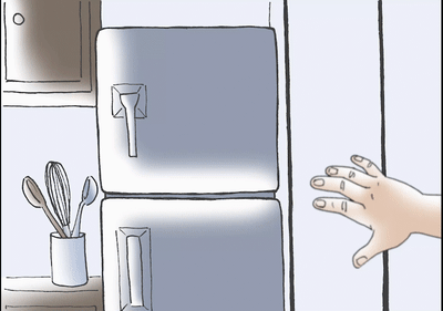 Animacion i një vajze që hyn në kuzhinë, nuhat ajrin duke buzëqeshur dhe më pas vrapon